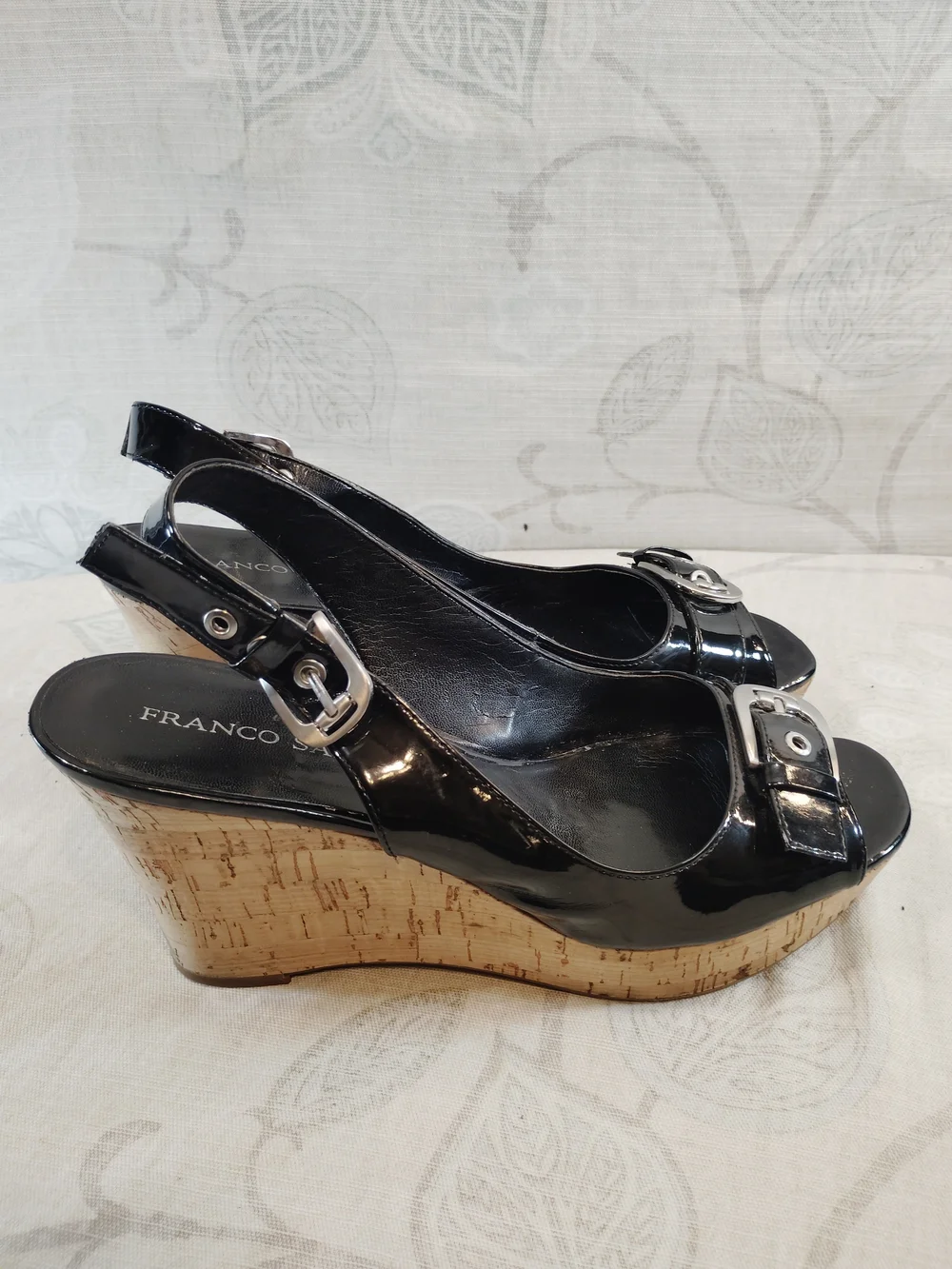 Franco Sarto Black Patent Leather Wedge Slingback Heels